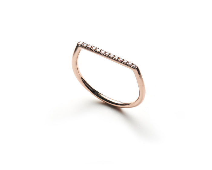 delicate and modern 14k rose gold white diamond pavé band with flat top