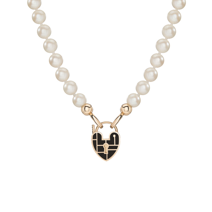 MEDIUM BLACK ENAMEL PALETTE HEARTLOCK PEARL NECKLACE